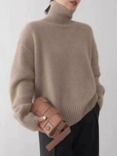Turtleneck Solid Color Knitted Top -  Grey