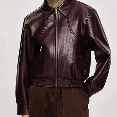 Faux Leather Jacket in Wine Red