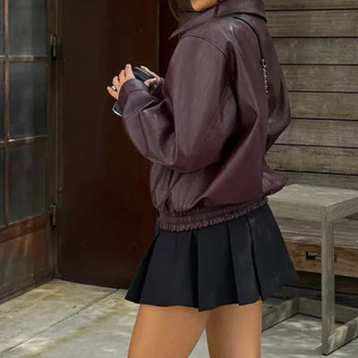 Faux Leather Jacket in Wine Red