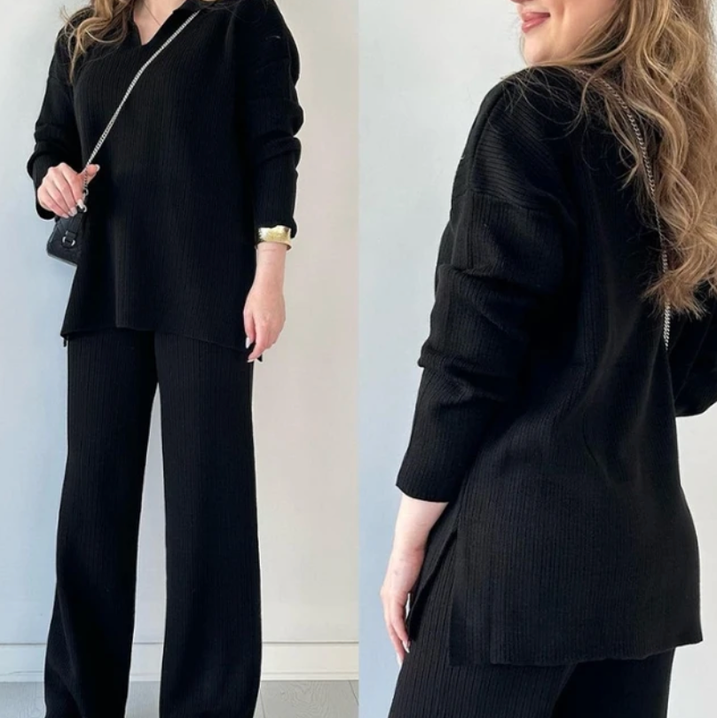 Amalia | Casual two-piece set with V-neck and slit