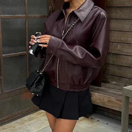 Faux Leather Jacket in Wine Red