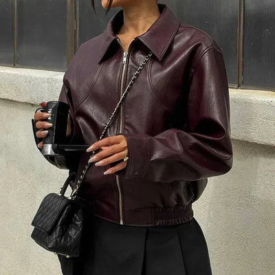 Faux Leather Jacket in Wine Red